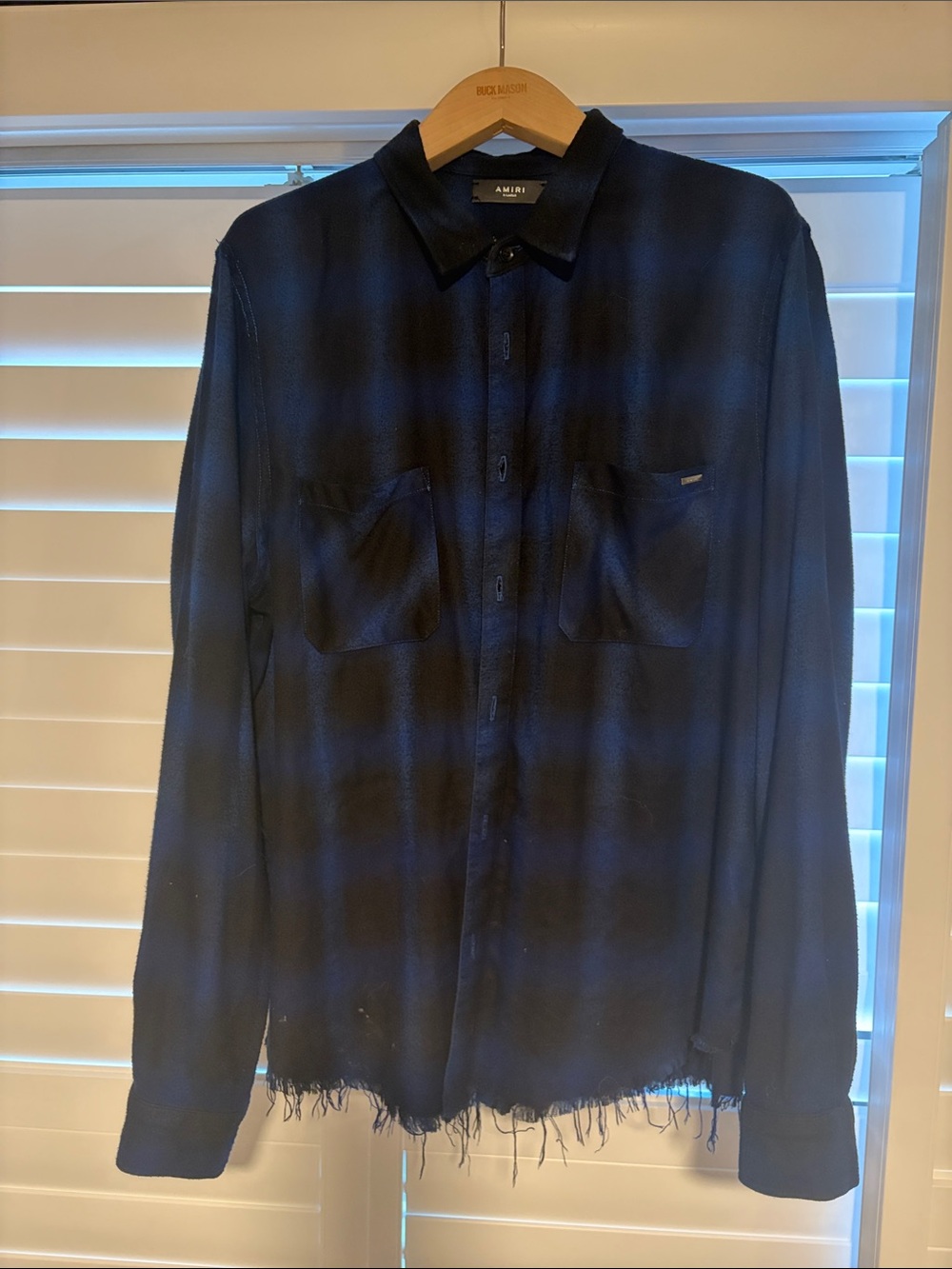 AMIRI Men's Dark Blue Plaid Button-Down Shirt with Distressed Hem